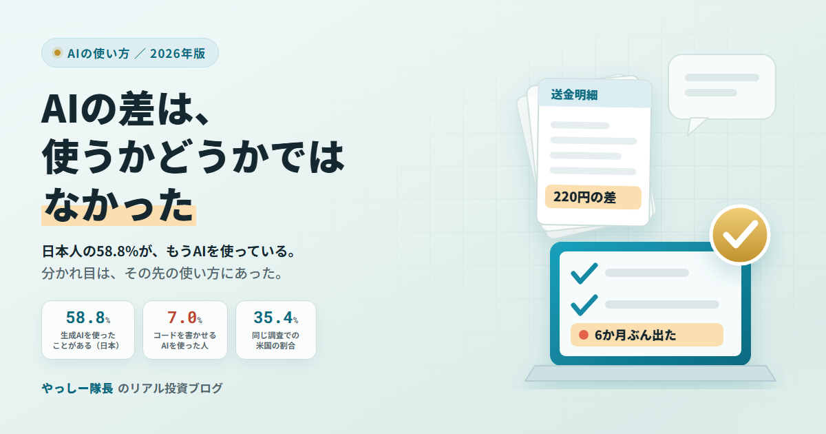 日本人の58.8%が生成AIを使い、コードを書かせるAIは7.0%。送金明細をAIに読ませて検算する図